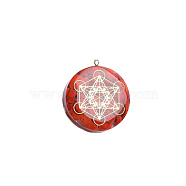 Natural Red Jasper Chip Resin Pendants, with Metal Metatron's Cube Slice, Flat Round, Golden, 35x10mm(PW23061353816)