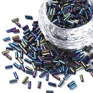 Metallic Colours Glass Bugle Beads, Round Hole, Rainbow Plated, 3~8x2mm, Hole: 0.7mm, about 450g/pound(SEED-N005-001-D04)