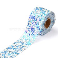 Polyester Elastic Sequin Ribbons, with Bling Paillette, Sky Blue, 2-3/8 inch(60mm), 10 yards(9.14m)/roll(OCOR-L045-A01)