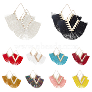 10 Pairs 10 Colors Rhombus Cotton Tassel Big Hoop Earrings, Alloy Long Drop Earrings for Women, Mixed Color, 77x74x3.5mm, Pin: 0.8mm, 1 Pair/color(EJEW-AN0001-27)