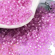 8/0 Glass Seed Beads, Frosted, Silver Lined, Round, Pearl Pink, 3x2mm, Hole: 1mm(SEED-Z001-C-E11)