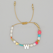 Initial Letter Natural Pearl Braided Bead Bracelet, Adjustable Bracelet, Letter W, 11 inch(28cm)(LO8834-23)