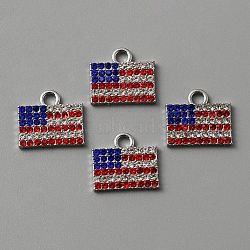 Independence Day Alloy Pendants, with Rhinestone, Platinum, Rectangle Flag Charm, Colorful, 14.50x16.50x2mm,Hole:2.60mm(ENAM-WH0061-40B)