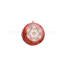 Natural Red Jasper Chip Resin Pendants, with Metal Metatron's Cube Slice, Flat Round, Golden, 35x10mm(PW23061353816)