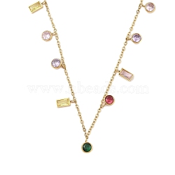 304 Stainless Steel Pave Colorful Cubic Zirconia Flat Round & Rectangle Pendant Necklaces, Long-Lasting Plated, Real 18K Gold Plated, 16.26 inch(41.3cm), Extender: 58mm(NJEW-N055-03G)