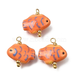 Handmade Porcelain Pendants, Fish Charms, with Brass Findings, Hand Painted, Real 18K Gold Plated, Coral, 20~21x18.5x8.5~9mm, Hole: 2mm(PR-CBA0027-10G-07)