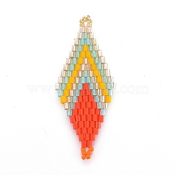 MIYUKI & TOHO Handmade Japanese Seed Beads Links, Loom Pattern, Rhombus, Orange Red, 43~45x17.6~18.1x1.7~2mm, Hole: 1.2~1.5mm(SEED-E004-B04)