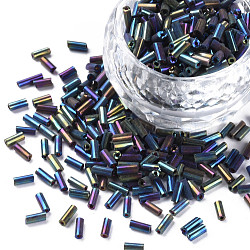 Metallic Colours Glass Bugle Beads, Round Hole, Rainbow Plated, 3~8x2mm, Hole: 0.7mm, about 450g/pound(SEED-N005-001-D04)