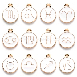 Cheriswelry Alloy Enamel Pendants, Flat Round with Constellation, Light Gold, White, 15x12x2mm, Hole: 1.5mm, about 12pcs/set(ENAM-CW0001-03LG)