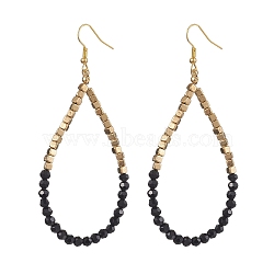 Glass & Plastic Beaded Dangle Earrings, Teardrop Iron Earrings for Women, Black, 95x3mm(EJEW-JE05857-01)