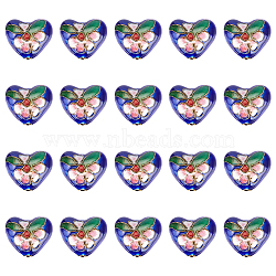 Elite Handmade Cloisonne Beads, Heart with Flower, Blue, 13~14x16x8mm, Hole: 1.5mm, 20pcs/box(CLB-PH0001-02)