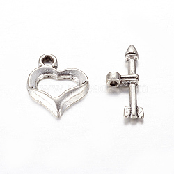 Tibetan Style Toggle Clasps, Heart, Lead Free and Cadmium Free, Antique Silver, about 0.8cm wide, 1.8cm long, hole: about 1.5mm(X-AC2020)