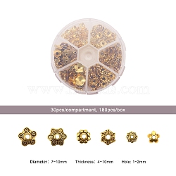 1Box Mixed Style Tibetan Style Alloy Flower Bead Caps, Antique Golden, 7~10x4~10mm, Hole: 1~2mm, about 30pcs/compartment(TIBE-JP0002-AG)