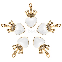 5Pcs Eco-Friendly Brass Micro Pave Cubic Zirconia Pendants, with Enamel & Jump Ring, Real 18K Gold Plated, Long-Lasting Plated, Heart & Crown, White, 25x14.5x4mm, Hole: 3.6mm(ZIRC-SZ0003-08H)