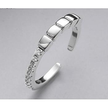 Rhodium Plated 925 Sterling Silver Rectangle Open Cuff Ring with Crystal Rhinestone, Platinum, Inner Diameter: 16mm