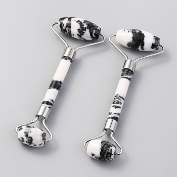 Natural Zebra Jasper Brass Face Massager, Facial Rollers, Platinum, 142~150x54~58x19~22mm