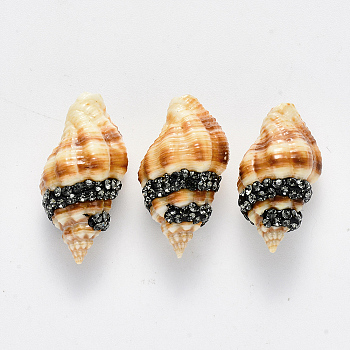 Spiral Shell Beads, with Polymer Clay Rhinestones, No Hole/Undrilled, Black Diamond, PP11(1.7~1.8mm), 24~28x23~26x11~14mm