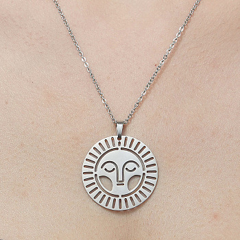 201 Stainless Steel Hollow Sun Pendant Necklace, Stainless Steel Color, 17.72 inch(45cm)