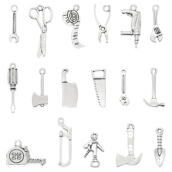 17Pcs 17 Style Tibetan Style Alloy Pendants Sets, Mixed Household Tools Charms, Antique Silver, 16.5~33x6~22.5x1.5~4mm, Hole: 1~2.5mm, 1pc/style