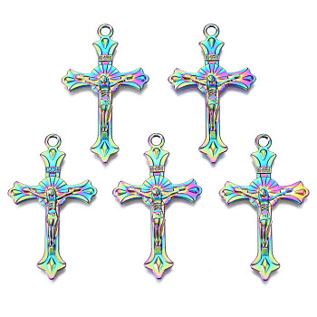 Rainbow Color Alloy Pendants, Cadmium Free & Nickel Free & Lead Free, Cross, 37x21.5x2.5mm, Hole: 2mm