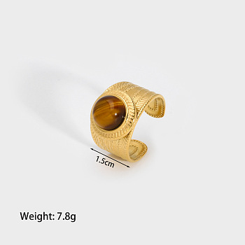 Round Natural Tiger Eye Ring, Stainless Steel Wide Cuff Ring for Women, Real 18K Gold Plated