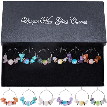 Natural & Synthetic Gemstone & Shell Wine Glass Charms, with Brass Wine Glass Charms Ring, Mixed Color, 3.3cm, 6pcs/set