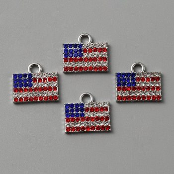 Independence Day Alloy Pendants, with Rhinestone, Platinum, Rectangle Flag Charm, Colorful, 14.50x16.50x2mm,Hole:2.60mm