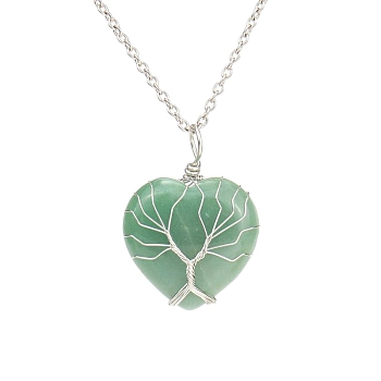 Natural Green Aventurine Heart Pendant Necklaces, Platinum Copper Wire Wrap Necklace, 20.47 inch(52cm)