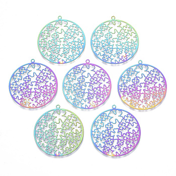 Ion Plating(IP) 201 Stainless Steel Filigree Pendants, Etched Metal Embellishments, Ring with Clover, Rainbow Color, 38x35x0.4mm, Hole: 1.6mm
