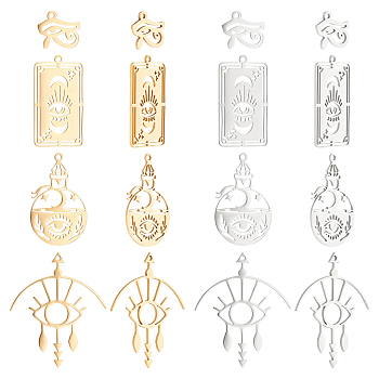 16Pcs 8 Style 201 Stainless Steel Laser Cut Pendants, Mixed Shapes, Golden & Stainless Steel Color, 12~38.5x13.5~32x1mm, Hole: 1.5mm, 2pcs/style