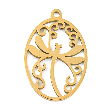 304 Stainless Steel Pendants, Laser Cut, Oval with Dragonfly Charm, Real 18K Gold Plated, 25.5x16.5x1.3mm, Hole: 1.6mm