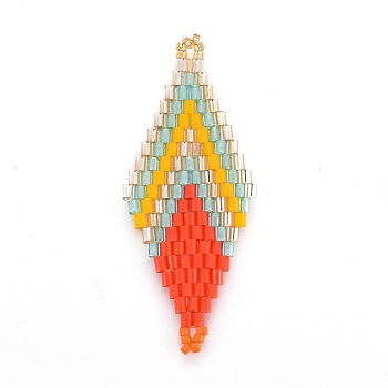 MIYUKI & TOHO Handmade Japanese Seed Beads Links, Loom Pattern, Rhombus, Orange Red, 43~45x17.6~18.1x1.7~2mm, Hole: 1.2~1.5mm