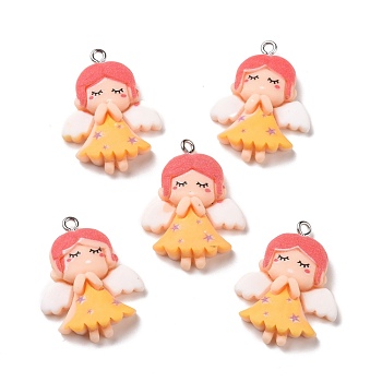 Opaque Resin Pendants, with Platinum Tone Iron Loops, Fairy with Wing, Orange, 30.5x23.5x6.5mm, Hole: 2mm