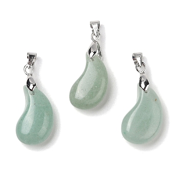 Natural Green Aventurine Pendants, Magatama Shaped Charms with Platinum Tone Brass Snap on Bails, Long-Lasting Plated, Lead Free & Cadmium Free, 21.6x11.3x7.1mm, Hole: 5x4mm