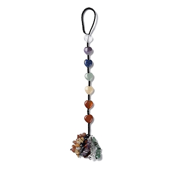 7 Chakra Heart Natural Gemstone Pendant Decoration, Braided Thread and Gemstone Chip Tassel Hanging Ornaments, 245mm