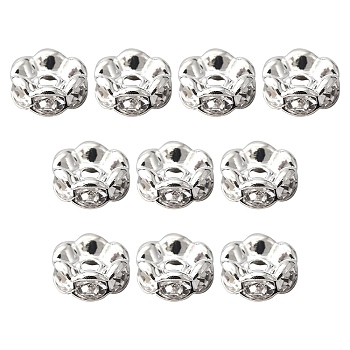 Brass Rhinestone Spacer Beads, Grade A, Wavy Edge, Rondelle, Crystal, Silver, 7x3.2mm, Hole: 1.2mm