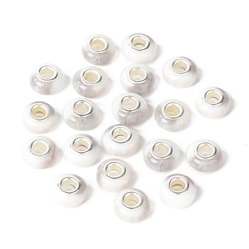 Rondelle Resin European Beads, Large Hole Beads, Imitation Stones, with Silver Tone Brass Double Cores, White, 13.5x8mm, Hole: 5mm