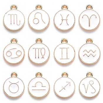 Cheriswelry Alloy Enamel Pendants, Flat Round with Constellation, Light Gold, White, 15x12x2mm, Hole: 1.5mm, about 12pcs/set