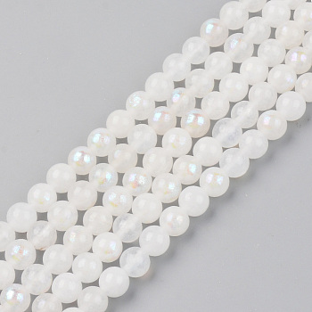 Electroplated Natural White Moonstone Beads Strands, Round, 6mm, Hole: 1mm, about 61pcs/strand, 14.96 inch(38cm)