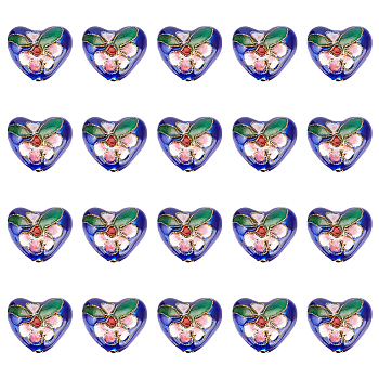 Elite Handmade Cloisonne Beads, Heart with Flower, Blue, 13~14x16x8mm, Hole: 1.5mm, 20pcs/box