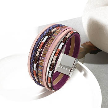 Bohemia PU Leather Cord Multi-strand Bracelets, with Stainless Steel Magnetic Clasps, Colorful, 7-5/8 inch(19.5cm)