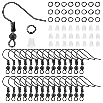 Elite 400Pcs Iron Earring Hooks, with Horizontal Loops, with 400Pcs Jump Rings and 400Pcs Plastic Ear Nuts, Electrophoresis Black, 19.5mm, Hole: 2mm, 22 Gauge, Pin: 0.6mm