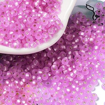 8/0 Glass Seed Beads, Frosted, Silver Lined, Round, Pearl Pink, 3x2mm, Hole: 1mm