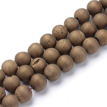 Electroplated Natural Druzy Geode Agate Bead Strands, Matte Style, Round, Antique Bronze Plated, 8~9mm, Hole: 1mm, about 46pcs/strand, 14.7 inch