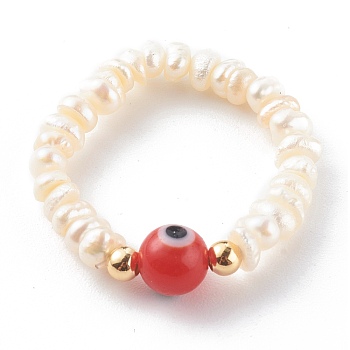 Natural Cultured Freshwater Pearl Beaded Stretch Rings, with Handmade Evil Eye Lampwork Round Beads and Real 18K Gold Plated Brass Beads, Red, Inner Diameter: 19mm