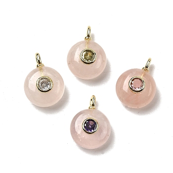 Natural Rose Quartz Flat Round Pendants, Rock Crystal Charms with Brass Micro Pave Cubic Zirconia Findings, Golden, 17x12x7.5mm, Hole: 2x1mm