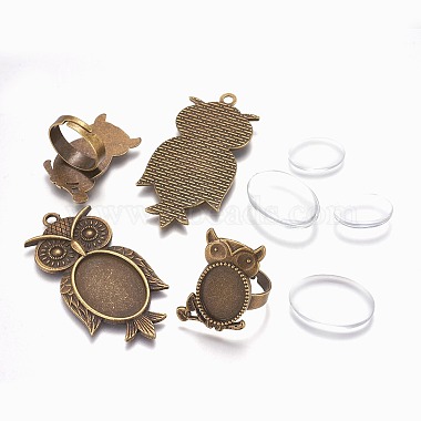 Vintage Adjustable Iron Owl Finger Ring Settings and Alloy Cabochon Bezel Settings(FIND-X0010-04AB)-2