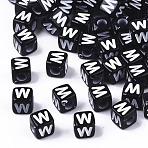 Opaque Acrylic Beads, Horizontal Hole, Alphabet Style, Cube, Black & White, Letter.W, 5x5x5mm, Hole: 2mm, about 500pcs/50g(X-SACR-N002-01W)