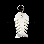 Natural White Shell & Crystal Rhinestone Pendants, with 304 Stainless Steel Jump Ring, White, Stainless Steel Color, Fishbone Charm, 23x11x4.5mm, Hole: 4mm(SH-CBAC52B-01E)