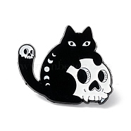 Skull with Cat  Enamel Pin, Halloween Alloy Brooch for Backpack Clothes, Electrophoresis Black, White, 25x31x1.5mm(ENAM-K053-54)
